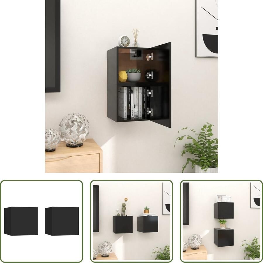 The Living Store Televisiekastenset Trendy en praktisch design Muurmontage Groot opbergvak Links of rechts openend Zwart Bewerkt hout 30.5 x 30 x 30 cm Montage vereist 2 x tv-meubel