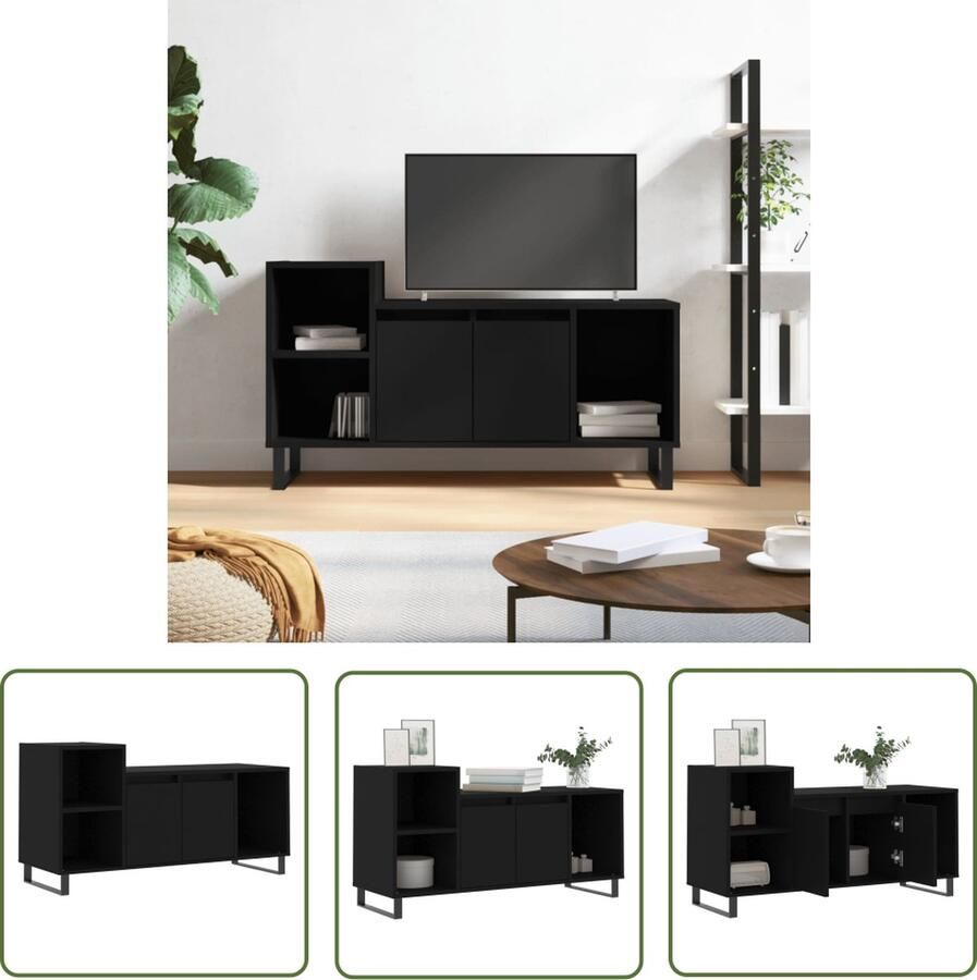 The Living Store TV-meubel Zwarte bewerkt houten mediakast 100 x 35 x 55 cm Tv-meubel Media Kast Salontafel Houtsoort Zwart - Foto 2