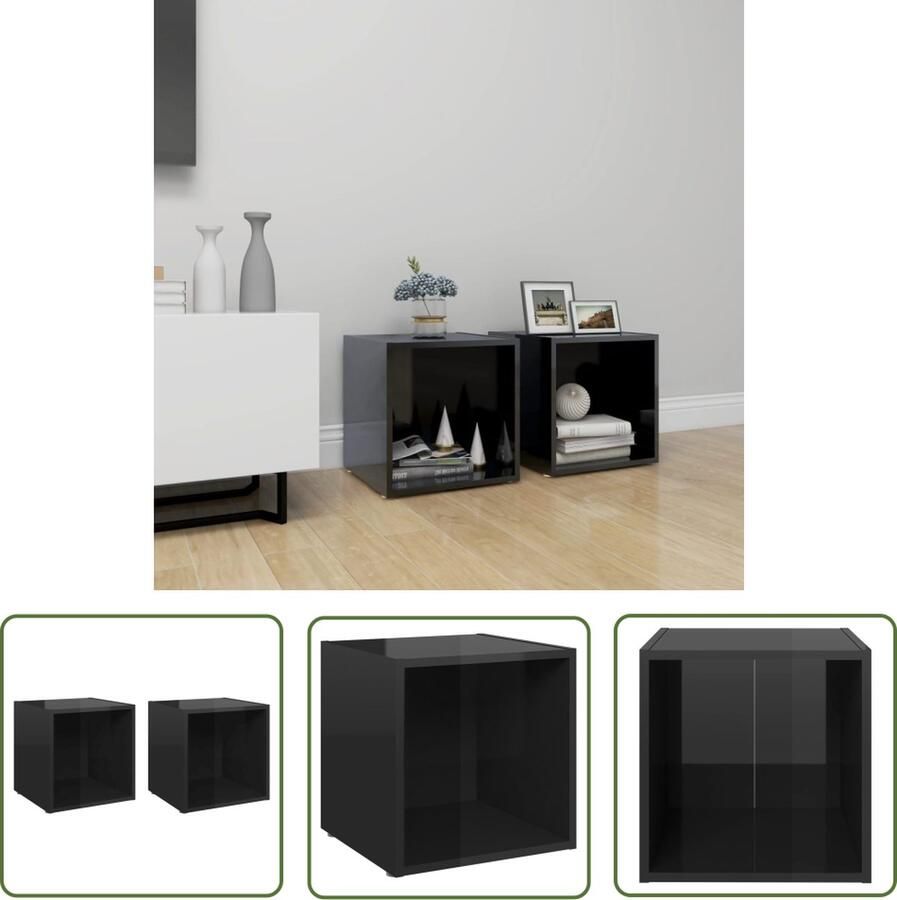 The Living Store Tv-meubelen 2 st 37x35x37 cm bewerkt hout hoogglans zwart Tv-meubel Stereokast Houten Tv-stand Zwarte Tv-kast Media Kast - Foto 2