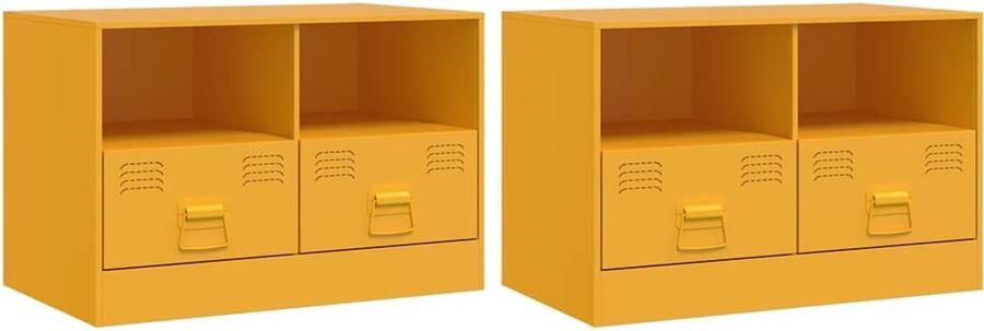The Living Store Tv-meubelen 2 st 67x39x44 cm staal mosterdgeel Tv-meubel Salontafel Koudgewalst Staal Mustard Geel Vintage Industrieel - Foto 2