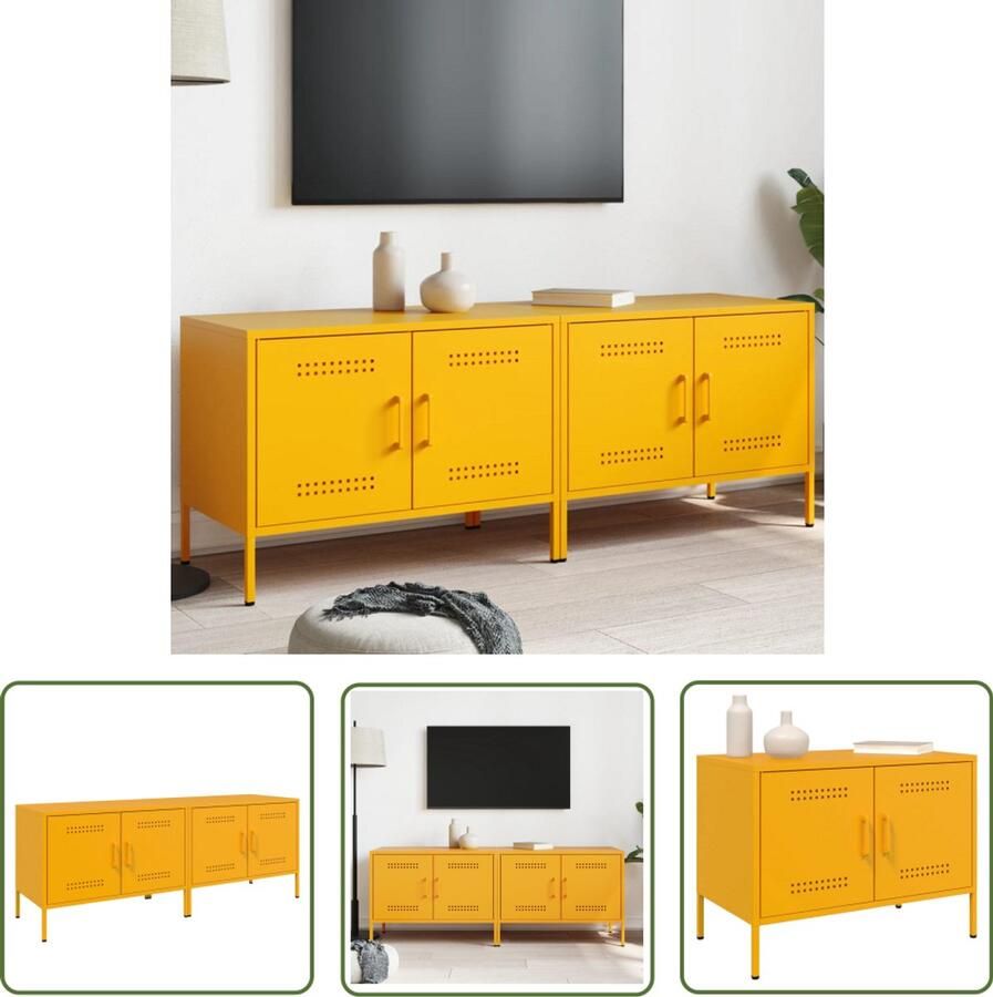 The Living Store Tv-meubelen 2 st 68x39x50 5 cm staal mosterdgeel Tv-meubilair Industriele Tv-stand Tv Kast Mosterdgeel Metalen Tv-tafel - Foto 2