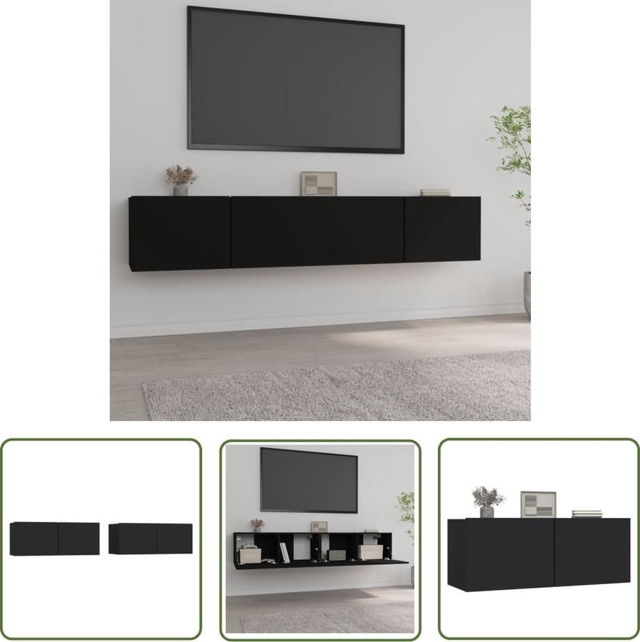 The Living Store TV-meubel Zwart 80 x 30 x 30 cm Bewerkt hout 2 neerklapbare deuren Tv Meubel Houten Tv Kast Zwart Tv Meubel Wandmontage Tv Meubel Opbergkast - Foto 2