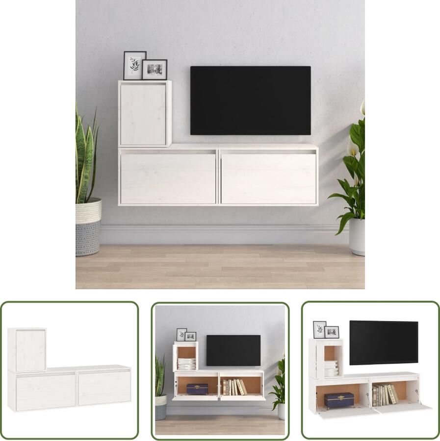 The Living Store TV-kasten massief grenenhout klassiek design wit afmetingen- 60x30x35cm en 30x30x40cm 3-delige set TV Kasten Houten TV Meubel Grenenhout Vintage TV Kast Klassieke TV Kast - Foto 2