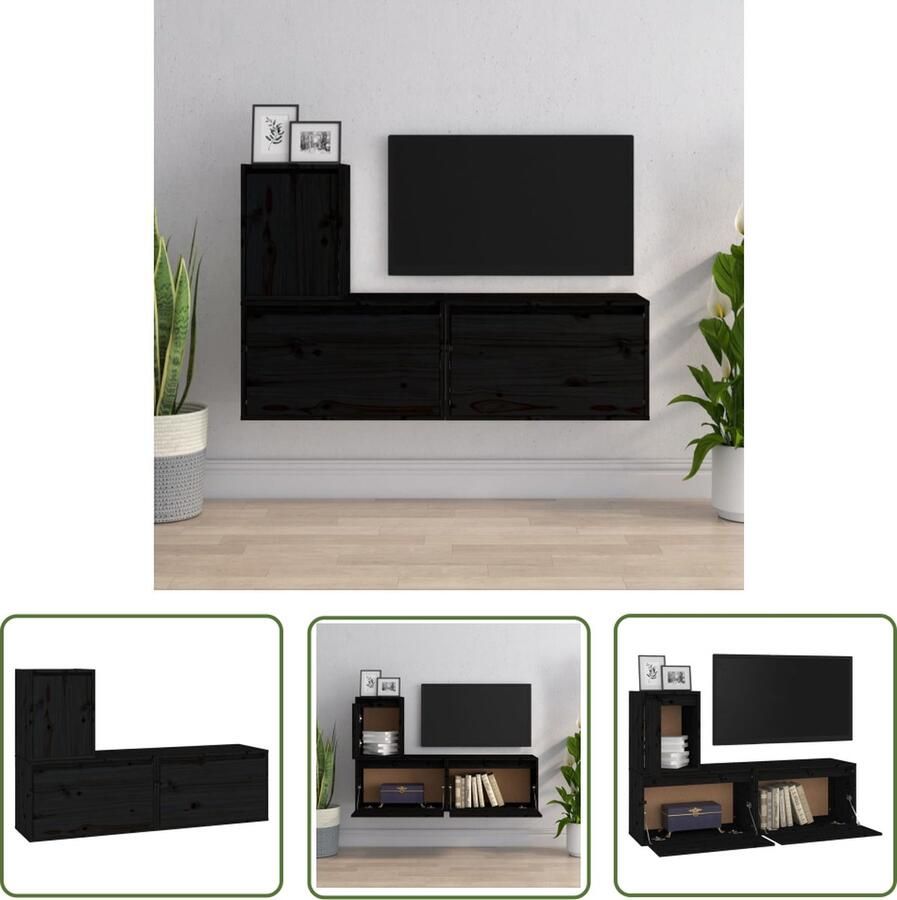 The Living Store Televisiekasten Klassiek design Massief grenenhout Zwarte kleur 2x 60x30x35 cm 1x 30x30x40 cm Televisie Meubel Houten Tv Stand Grenoble Hout Zwarte Tv Kast Wandtv Unit - Foto 2