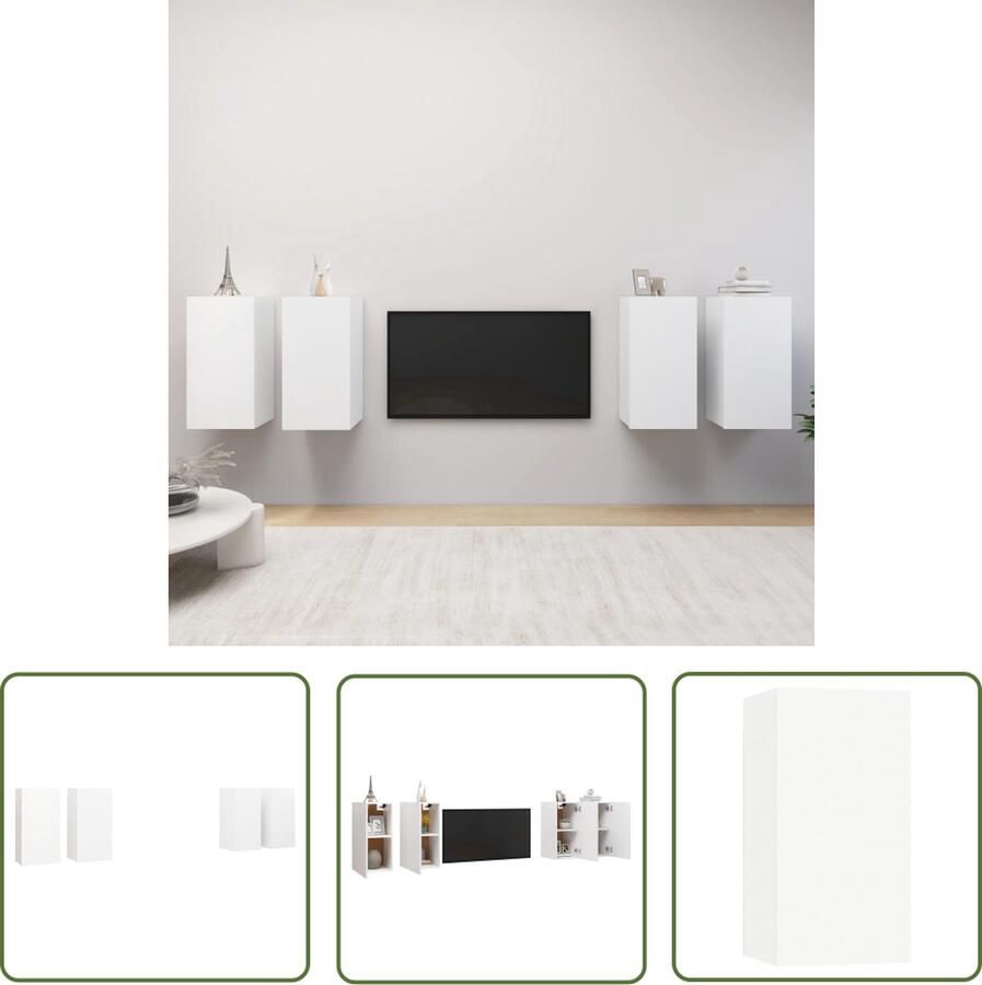 The Living Store Tv-meubelen 4 st 30 5x30x60 cm bewerkt hout wit Tv-meubel Wandkast Houtsoort Livingroomdecoratie Modern Tv-meubel - Foto 2