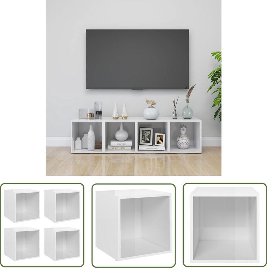 The Living Store TV-meubel staand hoogglans wit spaanplaat 37 x 35 x 37 cm set van 4 Tv-meubel Tv-kast Televisiecast Livingroom Furniture Houten Tv-stand - Foto 2