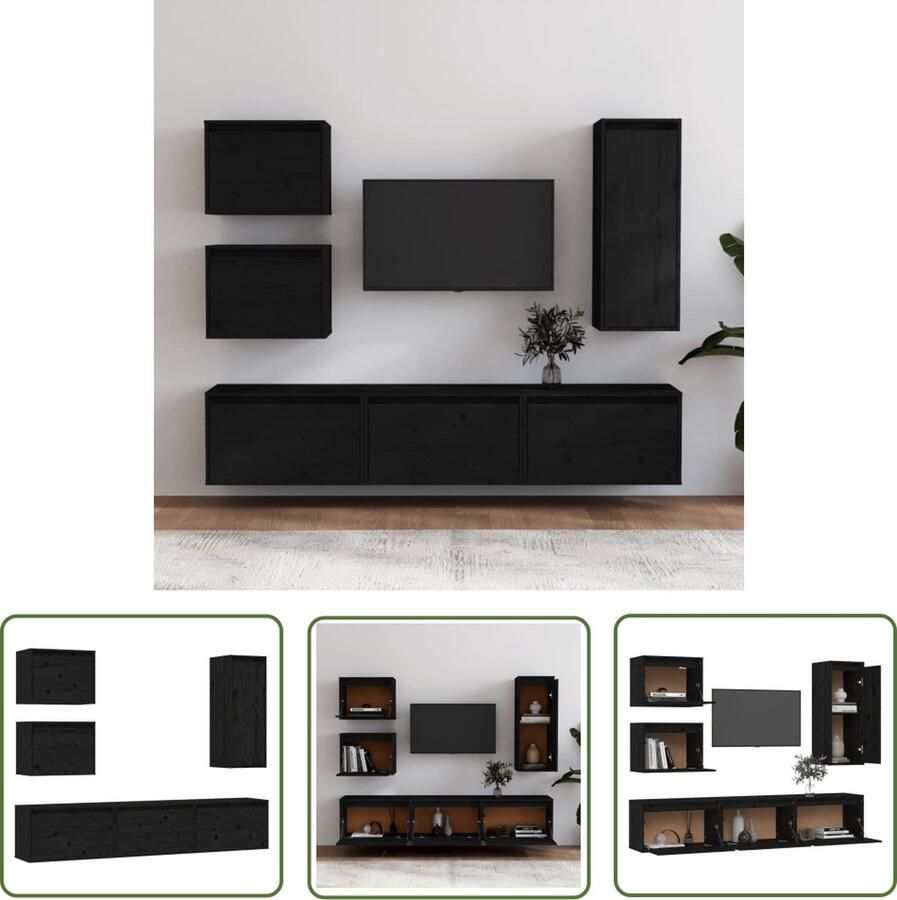 The Living Store TV-meubels klassiek design massief grenenhout zwart 3x 60x30x35cm 2x 45x30x35cm 1x 30x30x80cm TV Meubel Houten TV Kast Zwarte TV Kast Vintage TV Kast Landelijke TV Kast