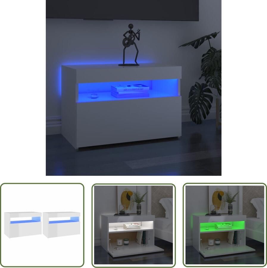 The Living Store Nachtkastjes LED-verlichting Hoogglans wit 60 x 35 x 40 cm RGB Set van 2 Nachtkastjes Led Lampen Slaapkamers Slaapkamervormen Houten Meubilair - Foto 3