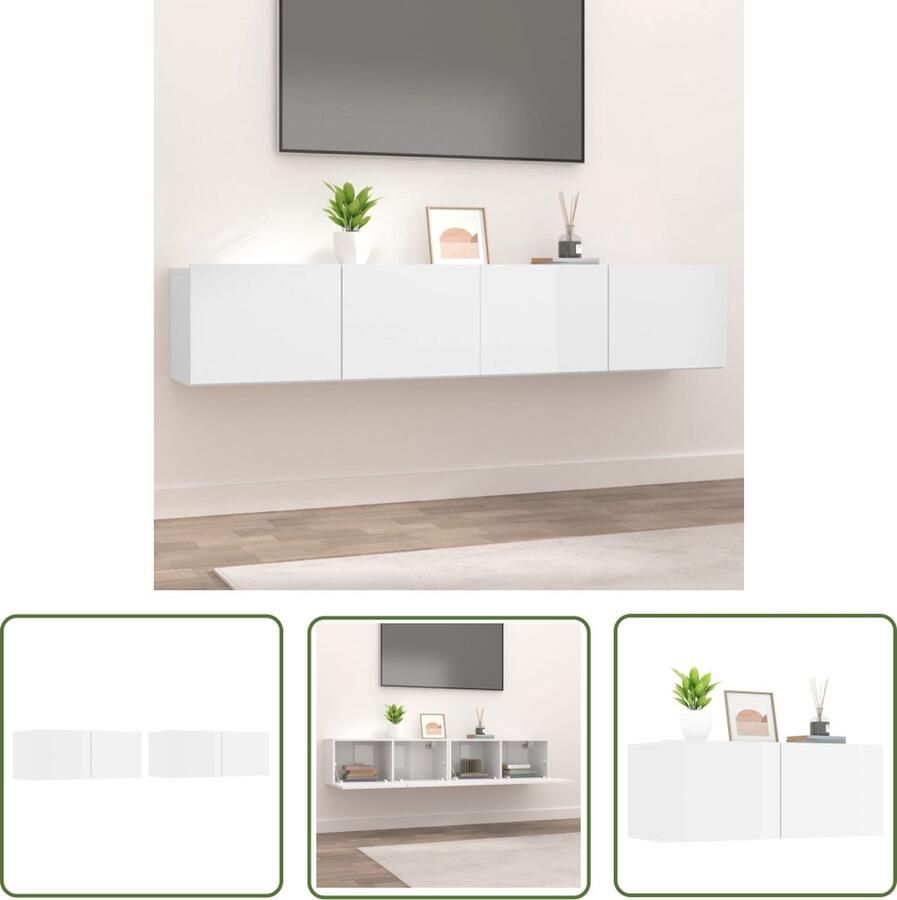 The Living Store vidaXL Houten Tv-kast Tv-meubel Tv-meubels 2 st 80x30x30 cm bewerkt hout hoogglans wit Witte Tv-kast Wandmontage Tv-meubel Opbergruimte Tv-meubel - Foto 2