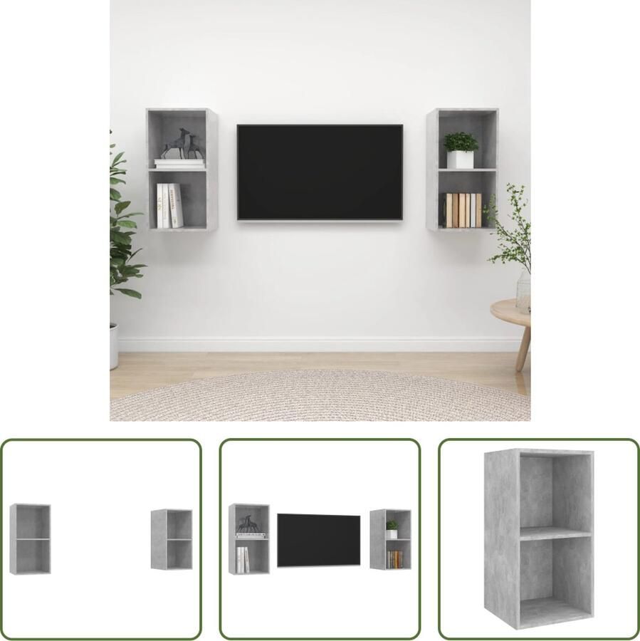The Living Store tv-meubelset Wandmontage 2 vakken 37 x 37 x 72 cm Betongrijs materiaal Montage vereist - Foto 2