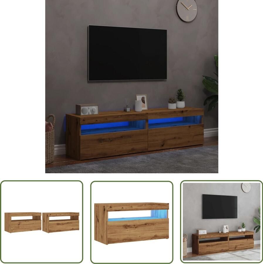 The Living Store Tv-meubels met LED 2 st bewerkt hout artisanaal eiken Tv Kast Salontafel Houten Tv-kast Led Tv-meubel Rgb Verlichting