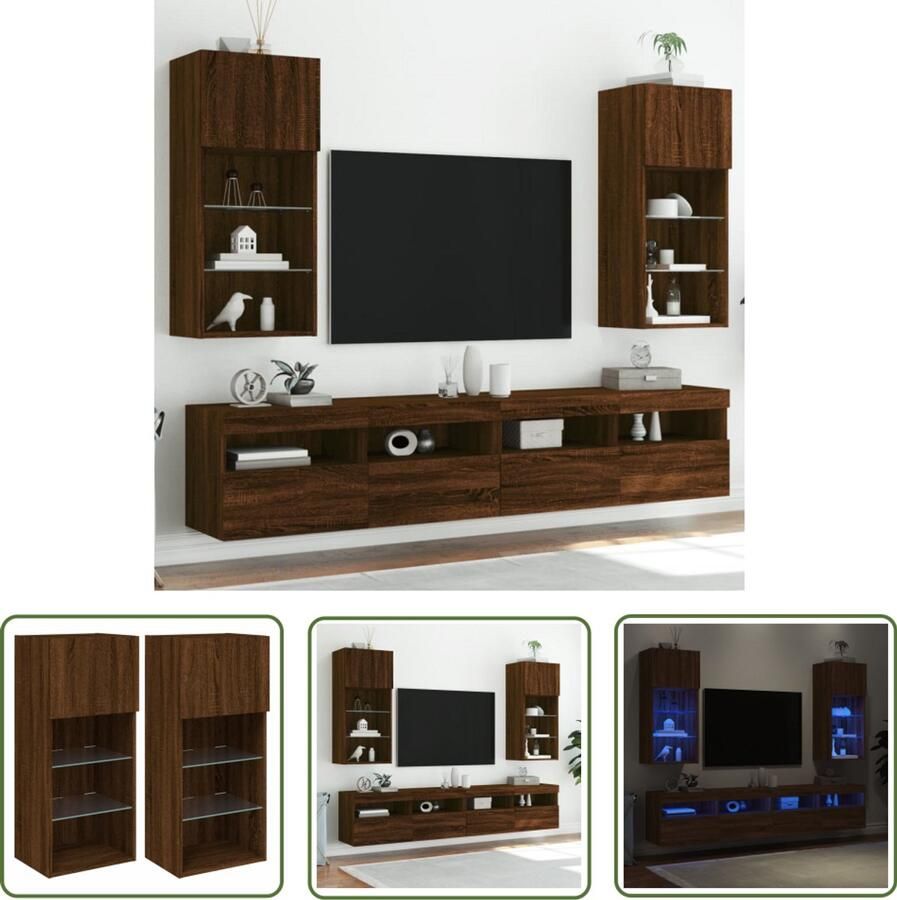 The Living Store Tv-meubels met LED-verlichting 2 st 40 5x30x90 cm bruineiken Tv Meubel Led Verlichting Bruin Houten Tv Kast Opbergruimte