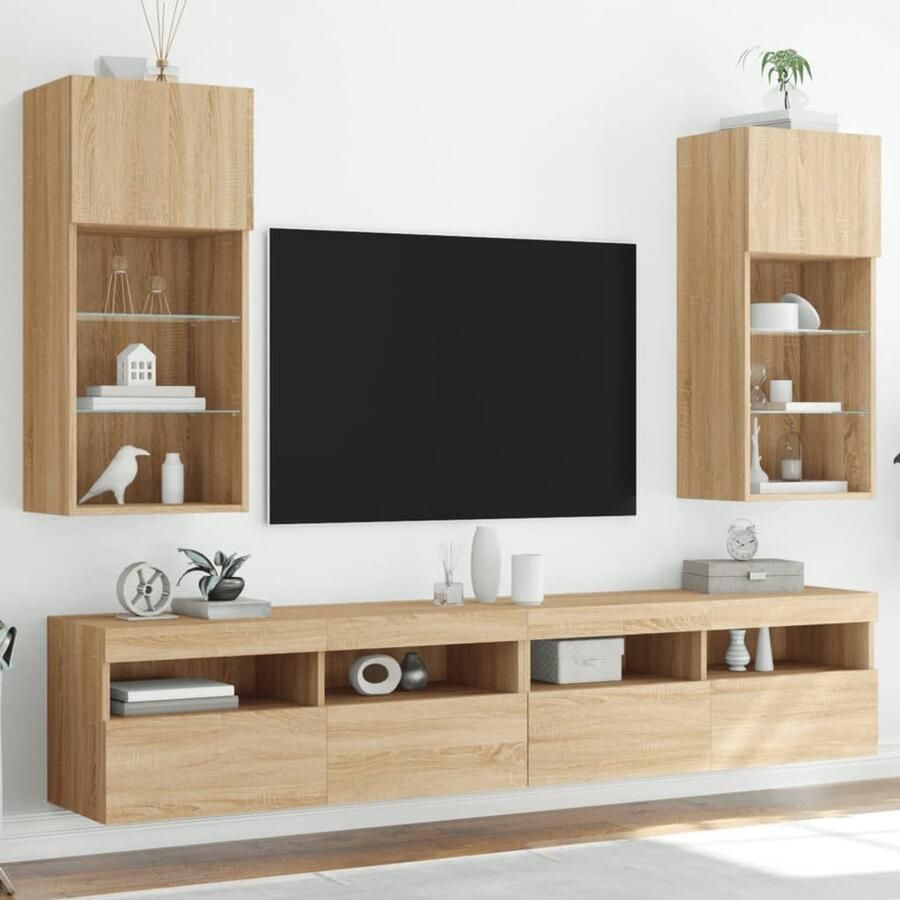 The Living Store TV-meubels Met LED-verlichting 40.5 x 30 x 90 cm Sonoma eiken Inclusief 2 tv-kastjes Duurzaam bewerkt hout en glas De blikvanger voor elk interieur