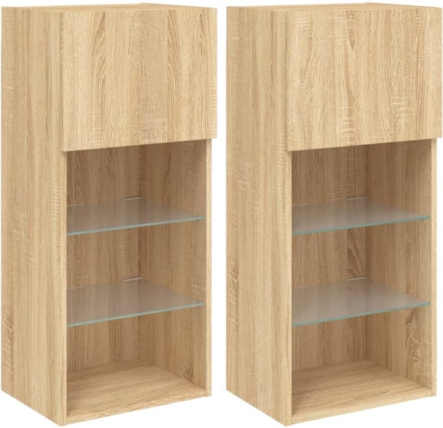 The Living Store TV-meubels Met LED-verlichting 40.5 x 30 x 90 cm Sonoma eiken Inclusief 2 tv-kastjes Duurzaam bewerkt hout en glas De blikvanger voor elk interieur - Foto 2