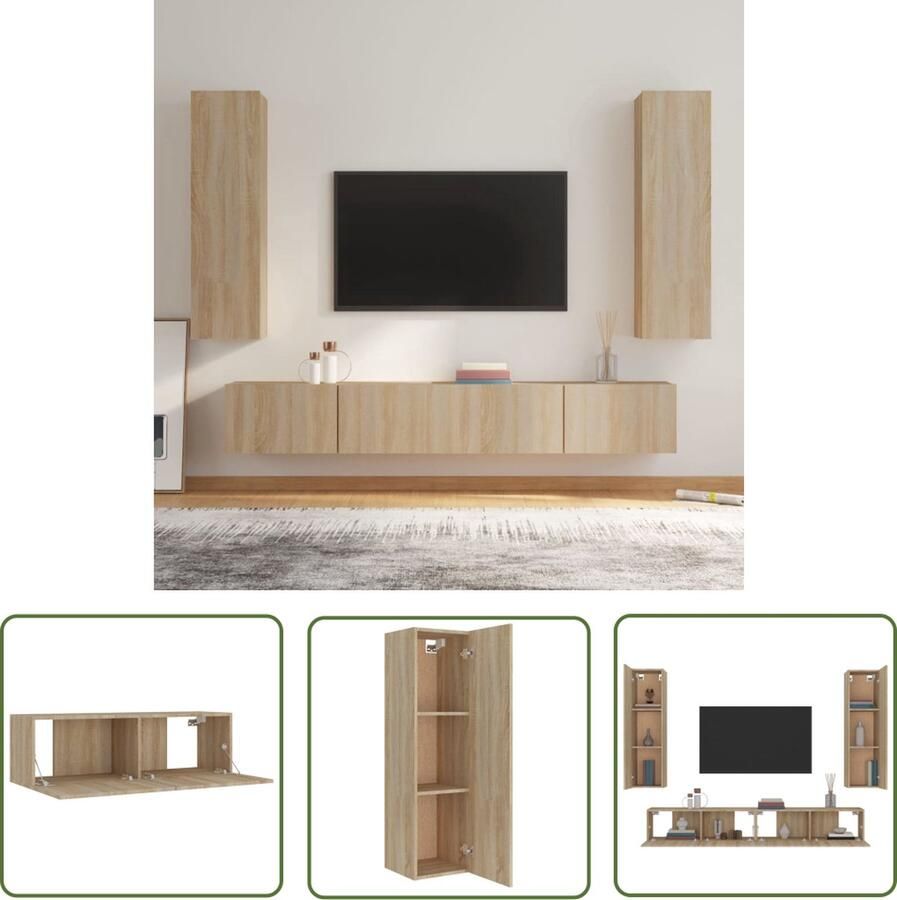 The Living Store TV-meubelset 2x 100x30x30cm 2x 30.5x30x110cm Sonoma Eiken Bewerkt hout - Foto 2