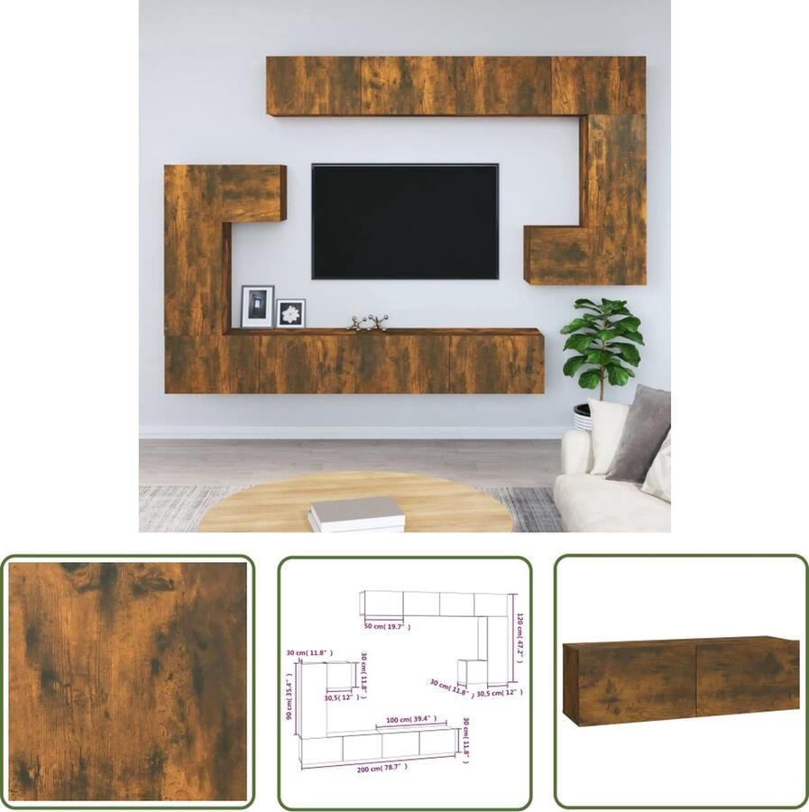 The Living Store TV meubelset 2x S 2x M 4x L Gerookt eiken Bewerkt hout Decoratief en praktisch Vochtbestendig Gemakkelijk schoon te maken TV Wandmeubel Houtsoort Houten Kast Bergruimte Modern Design - Foto 2