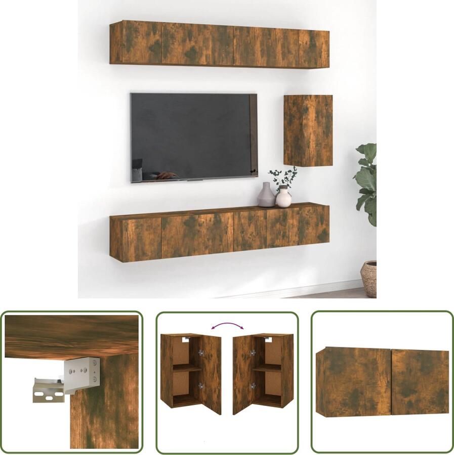 The Living Store Tv-meubelset Classic Bewerkt hout Met 2 deuren Gerookt eiken 60 x 30 x 30 cm - Foto 2