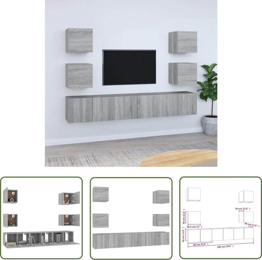 The Living Store TV-meubelset Classic Opbergruimte Wandgemonteerd Grijs Sonoma Eiken Hoge Kwaliteit 7 stuks - Foto 2