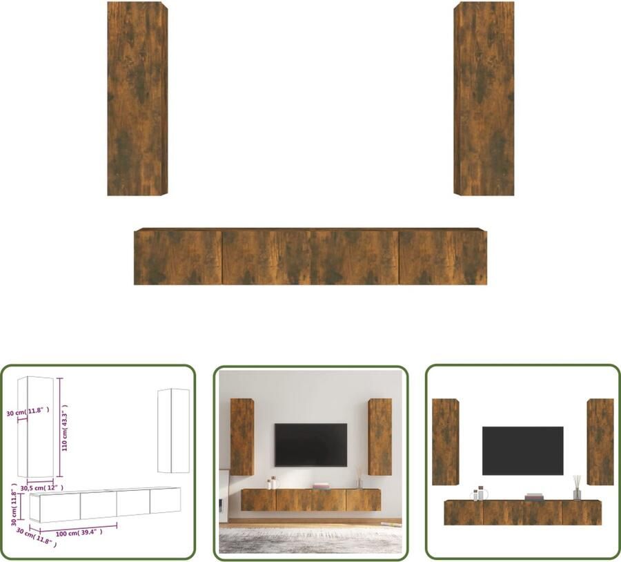 The Living Store TV-meubelset Gerookt Eiken 2x 100x30x30 cm 2x 30.5x30x110 cm TV Kast Tv Meubel Houten Tv Kast Wandmontage Tv Kast Bruine Tv Kast