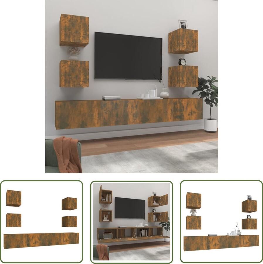 The Living Store TV-meubelset Gerookt eiken 2x 100x30x30cm + 4x 30.5x30x30cm TV Meubel Houten TV Kast Wandmontage Bruine TV Kast Livingroom Decor - Foto 2