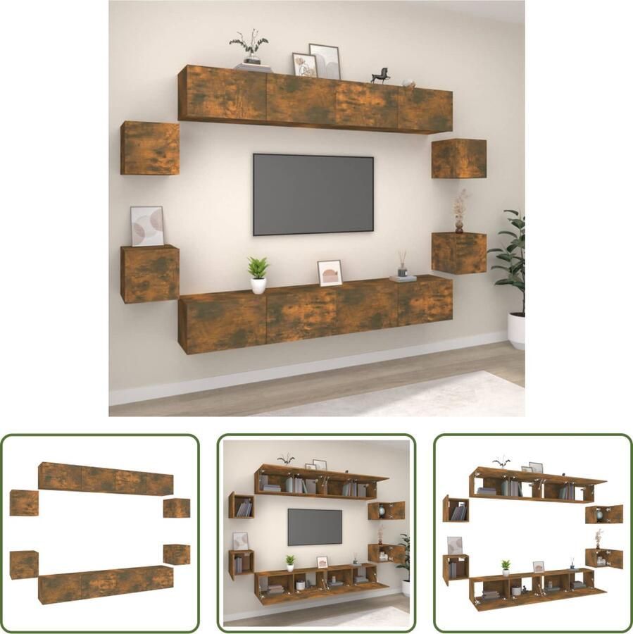 The Living Store TV-meubelset Gerookt eiken 8 stuks 100x30x30cm 30.5x30x30cm Wandgemonteerd TV Kast Wandmontage Houten TV Kast Tv Meubelset Bruine TV Kast