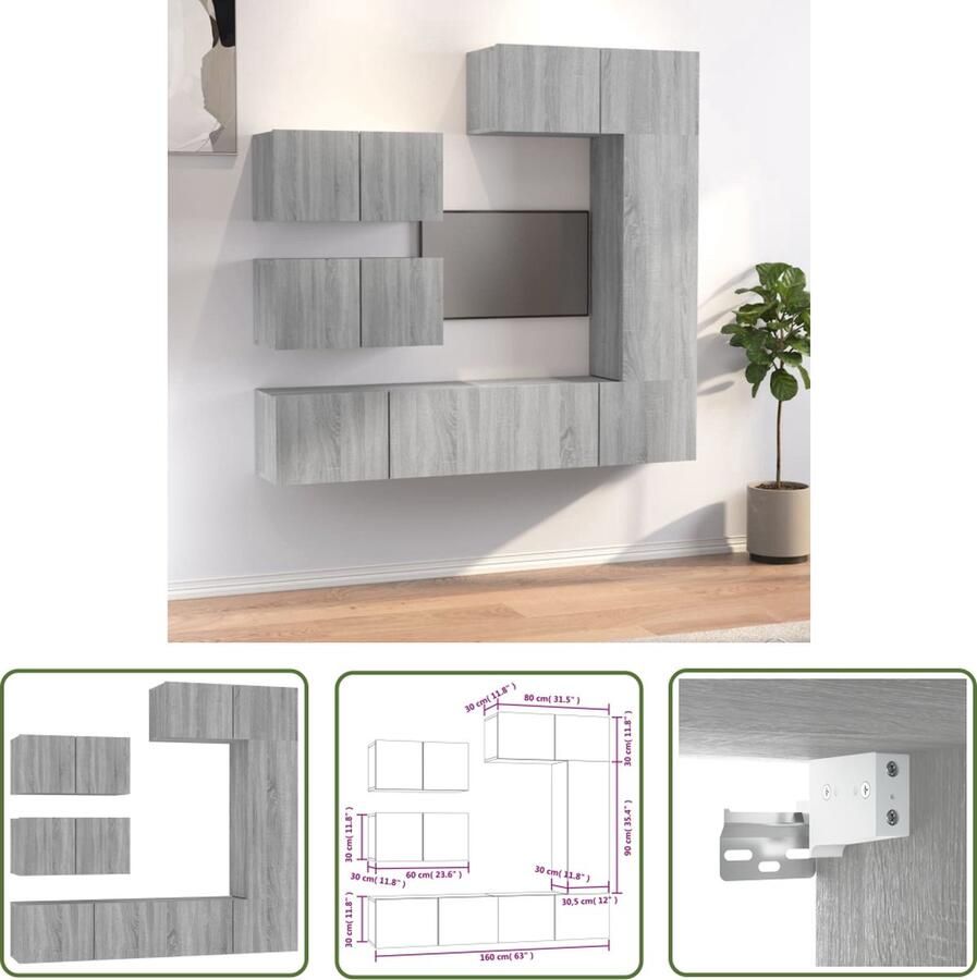 The Living Store TV-meubelset Grijs Sonoma Eiken 3x 80x30x30 cm 1x 30.5x30x90 cm 2x 60x30x30 cm Sterk en praktisch - Foto 2
