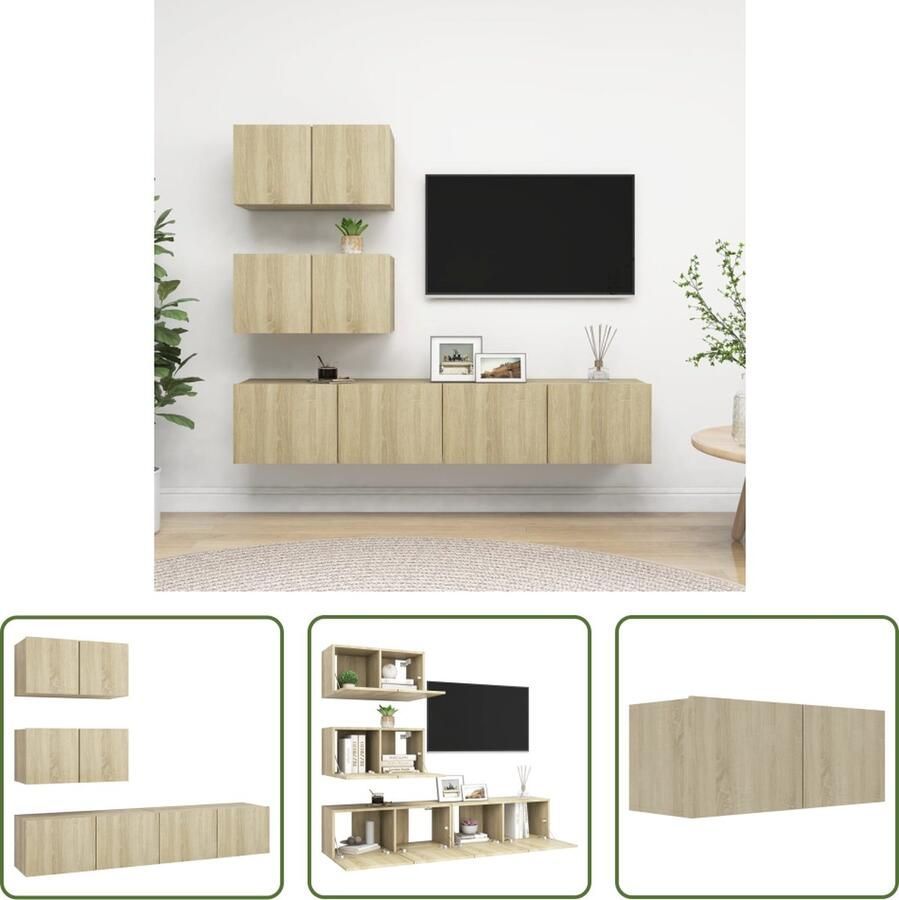 The Living Store TV meubel set hangend spaanplaat modern design veel opbergruimte sonoma eiken 2x 60x30x30cm 2x 80x30x30cm - Foto 2