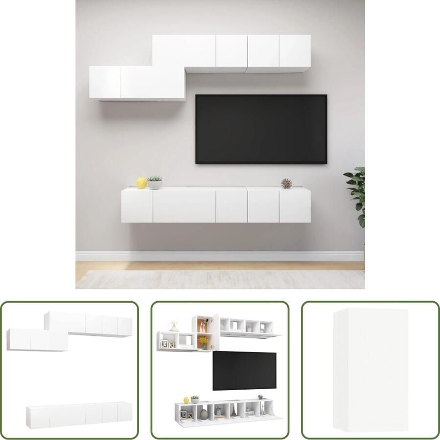 The Living Store TV Meubelset Hangend Spaanplaat Opbergruimte Wit 7-delige set - Foto 2