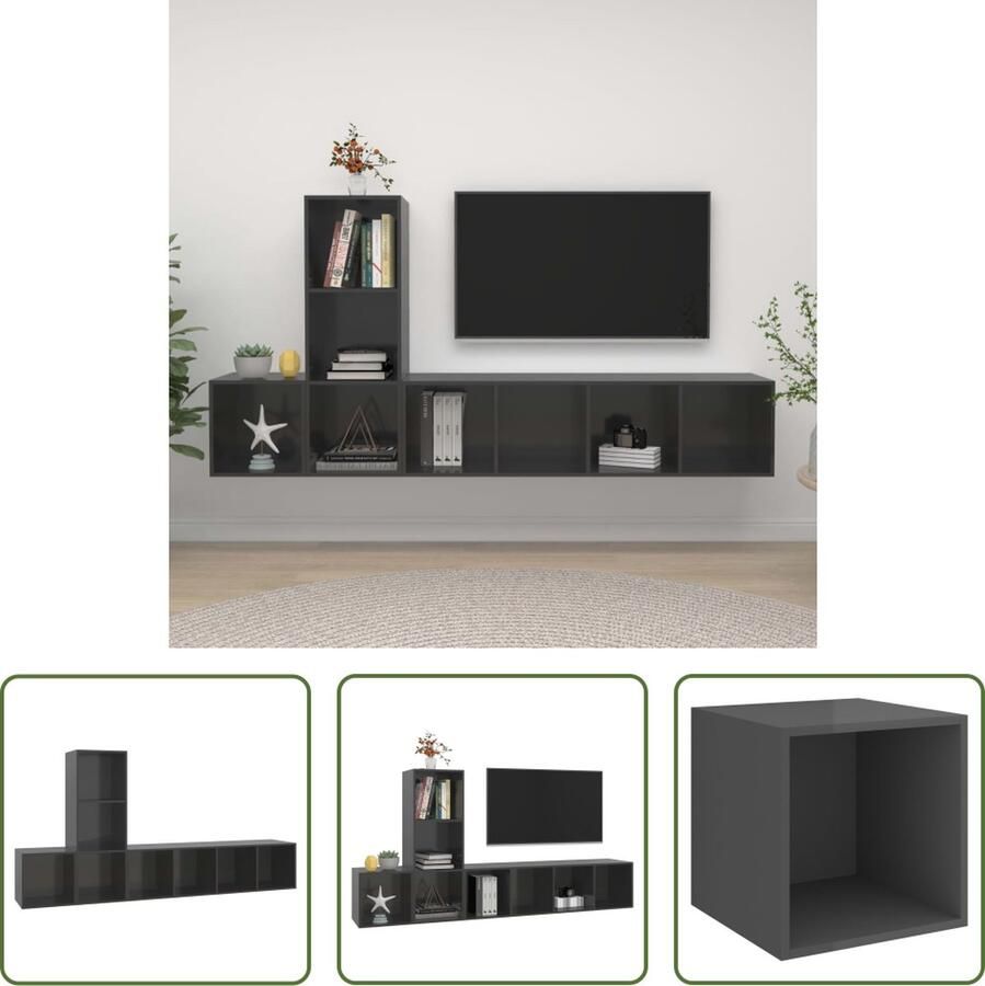 The Living Store Televisiewandmeubelset Stereokast Hoogglans grijs 37 x 37 x 37 cm 37 x 37 x 107 cm 37 x 37 x 142.5 cm - Foto 2