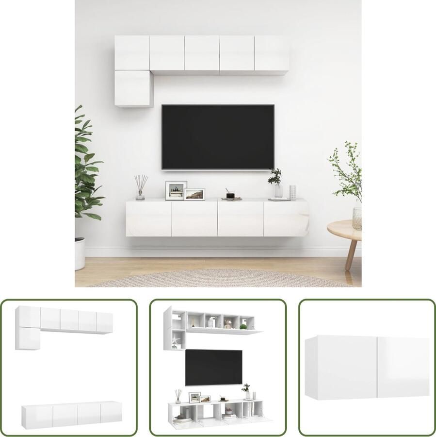The Living Store TV Meubelset Hoogglans wit 3x 60x30x30cm 2x 80x30x30cm Muurbevestiging - Foto 2