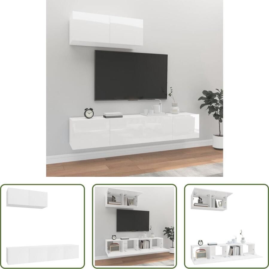 The Living Store TV-meubelset Klassiek design Wandgemonteerd Hoogglans wit 80x30x30cm Set van 3 - Foto 2