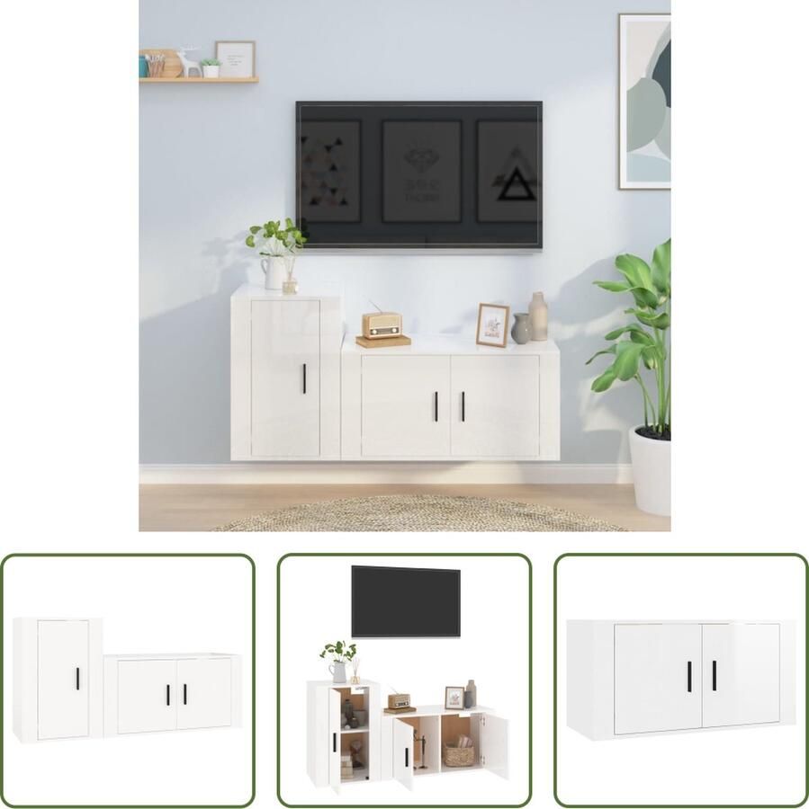 The Living Store Tv-meubelset Klassiek ontwerp Stevig bewerkt hout Voldoende opbergruimte Wandgemonteerde functie Hoogglans wit 80x34.5x40 cm 40x34.5x60 cm - Foto 2