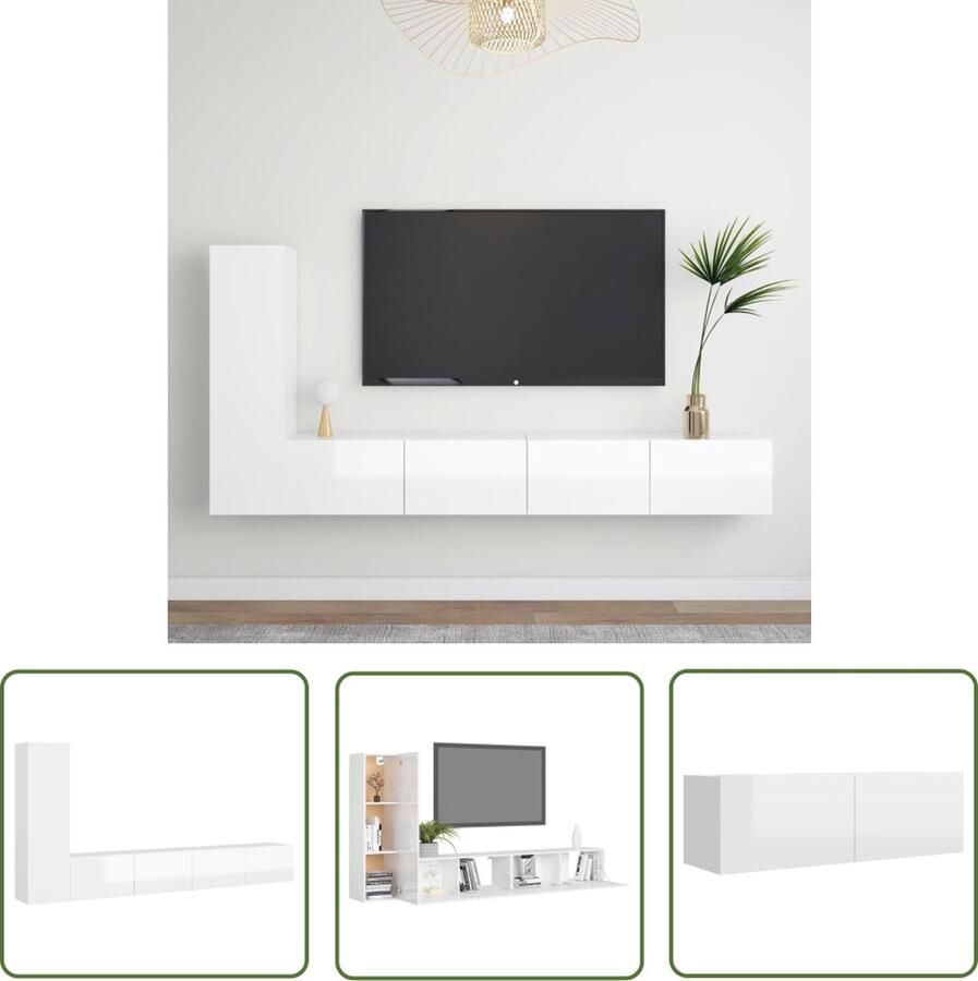 The Living Store Tv-meubelset Hoogglans wit Spaanplaat 30.5 x 30 x 110 cm 100 x 30 x 30 cm - Foto 2