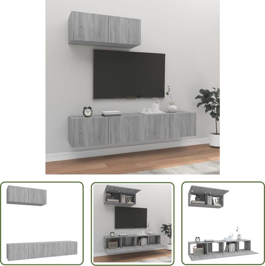 The Living Store Televisiekastenset Klassiek praktisch en trendy ontwerp Hoogwaardig en vochtbestendig hout Voldoende opbergruimte Wandgemonteerd Grijs Sonoma Eiken 80 x 30 x 30 cm (L x B x H) 3 stuks - Foto 2