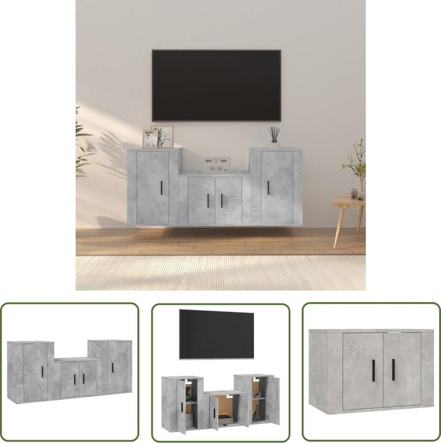 The Living Store TV-meubelset Klassiek betongrijs Bewerkt hout Wandgemonteerd Voldoende opbergruimte - Foto 2