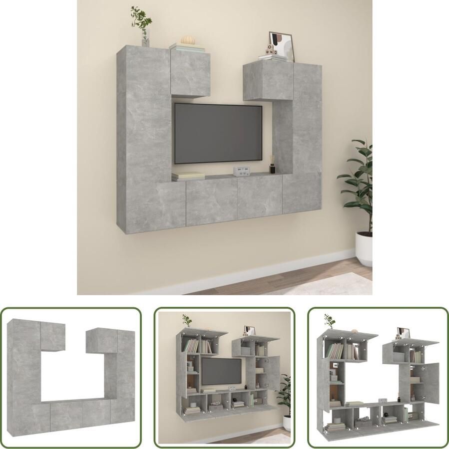 The Living Store TV-meubelset Klassiek design Stevig bewerkt hout Voldoende opbergruimte Wandgemonteerd Betongrijs 6-delige set - Foto 2