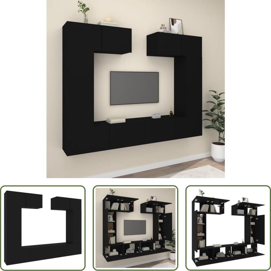 The Living Store vidaXL Wandmontage Tv Kast 6-delige Tv-meubelset bewerkt hout zwart Houten Tv Stand Tv Meubelset Black Furniture - Foto 2