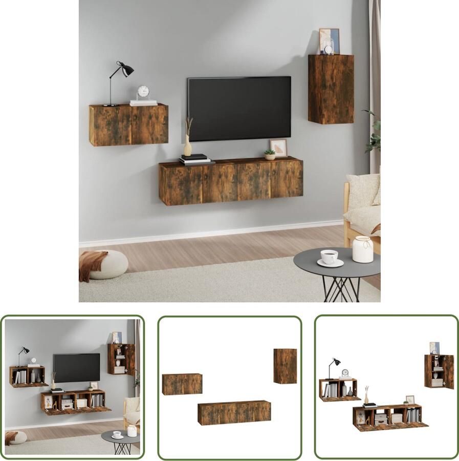 The Living Store 4-delige Tv-meubelset bewerkt hout gerookt eikenkleurig Kast - Foto 2