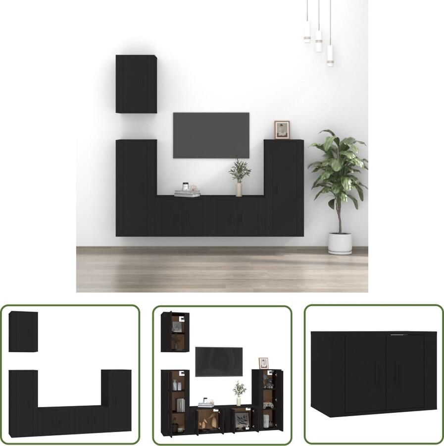 The Living Store TV-meubelset Klassiek ontwerp Bewerkt hout Wandgemonteerd Voldoende opbergruimte Zwart 5-delig - Foto 2