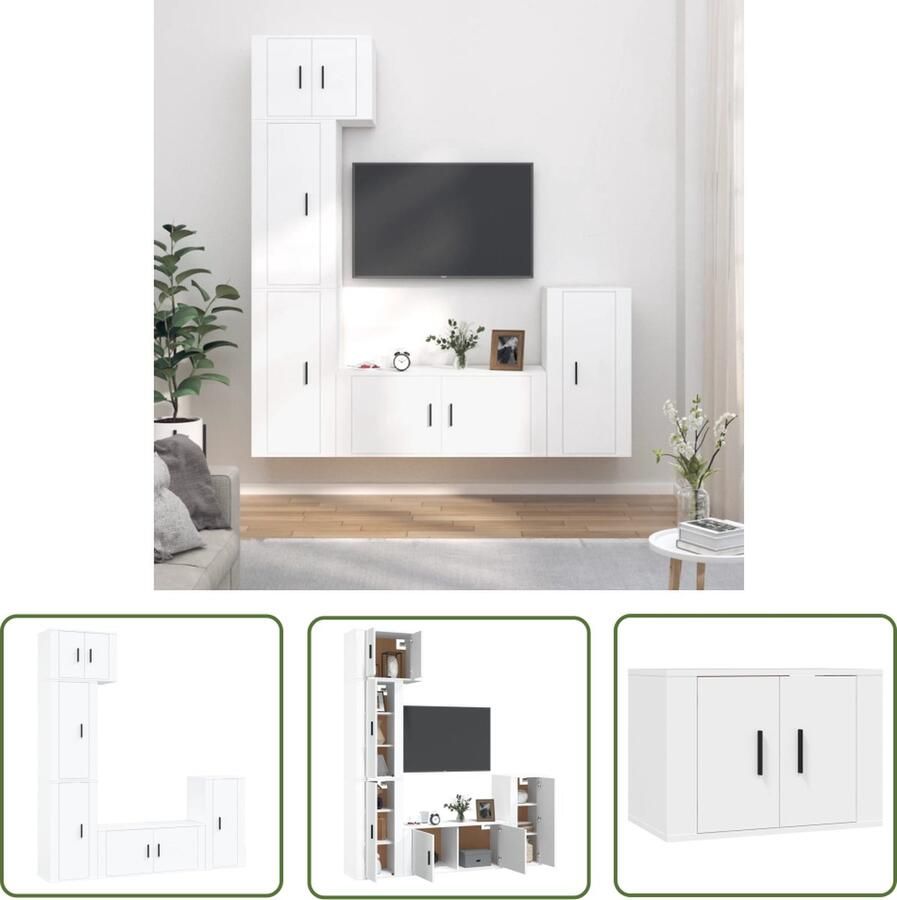 The Living Store TV-meubelset s TV-meubel 57 x 34.5 x 40 cm TV-meubel 40 x 34.5 x 80 cm TV-meubel 100 x 34.5 x 40 cm wit bewerkt hout stevig praktisch TV-meubel Salontafel Houten Kast Boekenplank Opbergruimte - Foto 2
