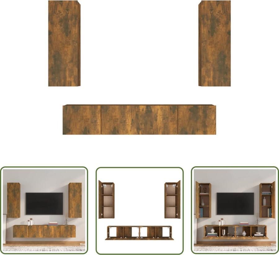 The Living Store vidaXL Houten Tv Kast Tv Kast 4-delige Tv-meubelset bewerkt hout gerookt eikenkleurig Tv Meubel Salontafel Wandmontage - Foto 3