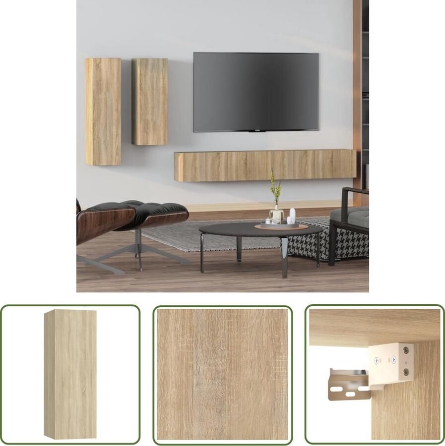 The Living Store TV-meubelset Sonoma eiken klassiek wandgemonteerd voldoende opbergruimte 4 delig TV-meubel Salontafel Houten Kast Wandmontage Opbergruimte - Foto 2