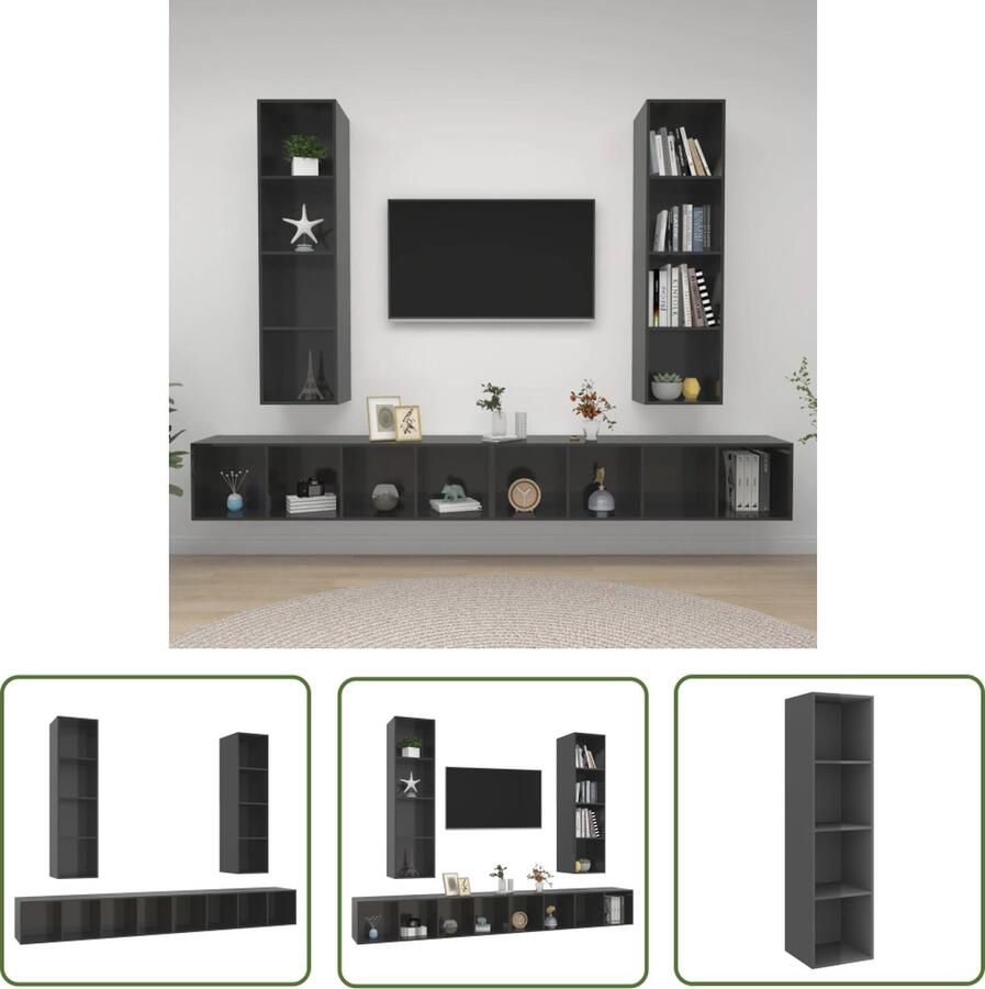 The Living Store TV Meubelset Televisiewand Opbergruimte 37 x 37 x 142.5 cm Hoogglans grijs - Foto 2