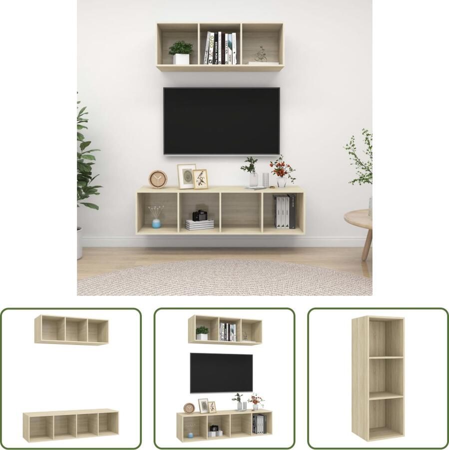 The Living Store TV-meubelset Wandmontage Sonoma Eiken Spaanplaat Inclusief 2x TV-meubel- 37x37x107cm 37x37x142.5cm - Foto 2