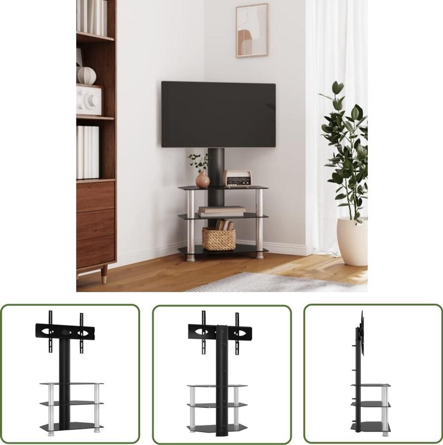 The Living Store Tv-standaard hoek 3-laags voor 32-70 inch zwart en zilverkleur Tv Standaard Tv Hoekstandaard Tv Kast Media Kast Salontafel