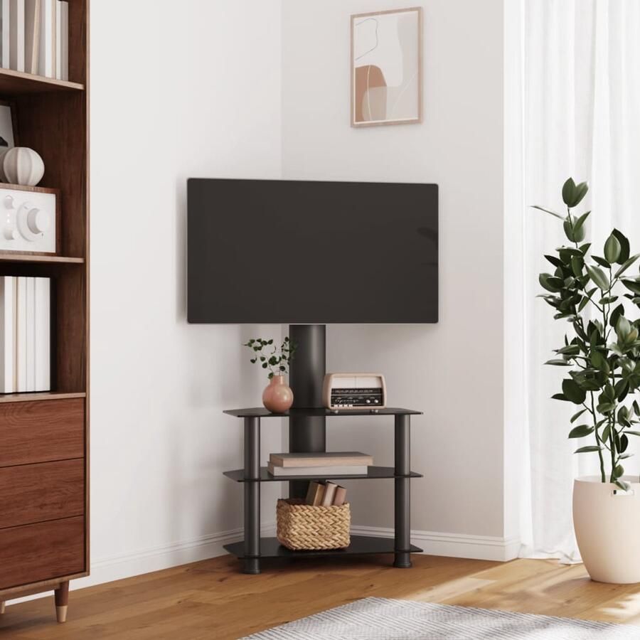 The Living Store Tv-standaard hoek 3-laags voor 32-70 inch zwart Tv Standaard Tv Hoek Tv Meubel Media Kast Zwarte Tv Standaard