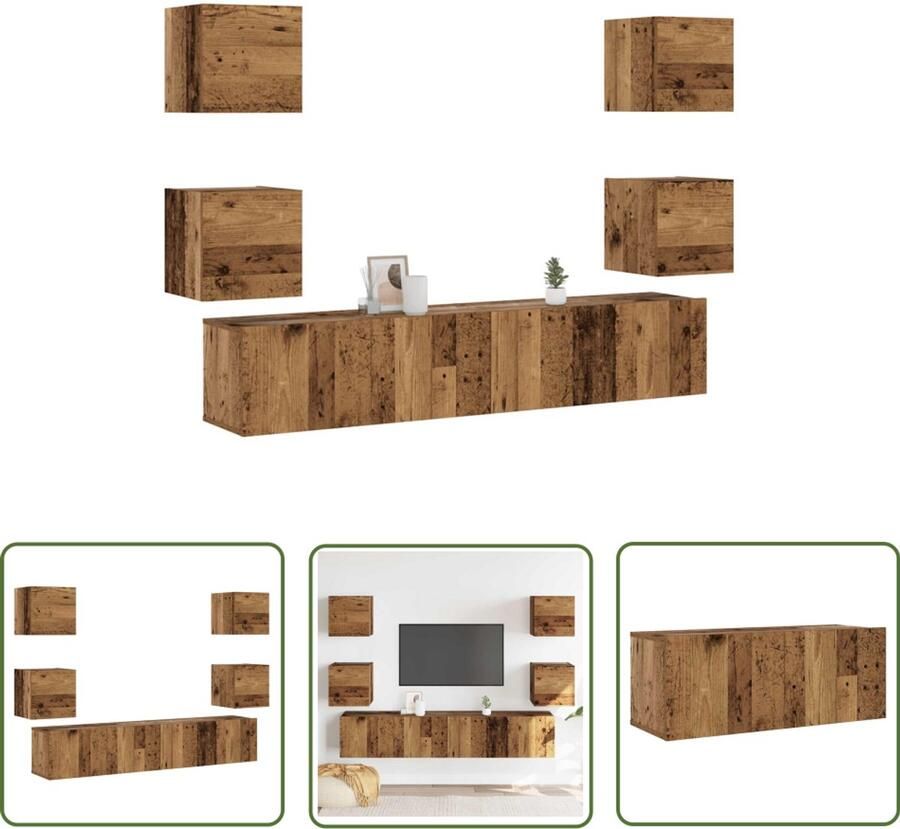 The Living Store vidaXL Kastje Tv Kast Tv-wandkasten 6 st bewerkt hout oud houtkleurig Houten Kast Wandkast Media Kast