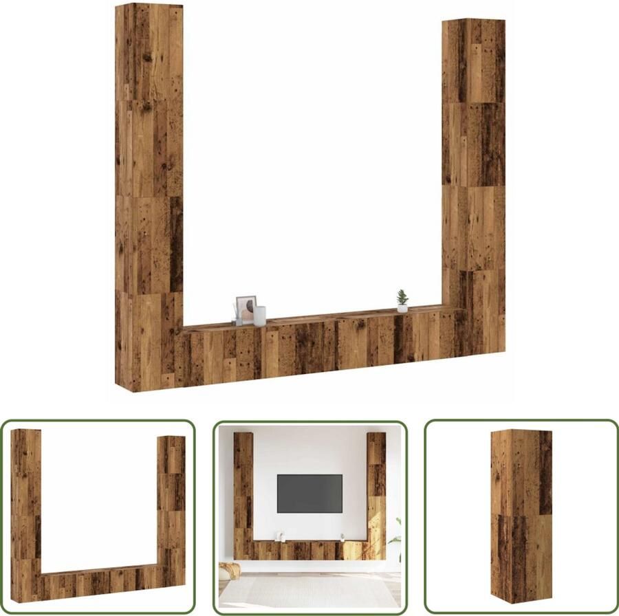 The Living Store vidaXL Wandkast Tv Kast Tv-wandkasten 6 st bewerkt hout oud houtkleurig Houten Kast Media Kast Opbergkast