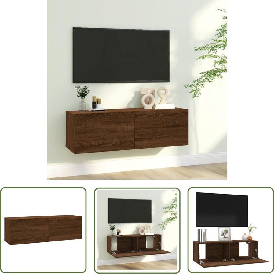 The Living Store TV-meubel Trendy ontwerp TV-kast Afmetingen- 100 x 30 x 30 cm Kleur- bruineiken Materiaal- bewerkt hout TV-meubel Wandmontage Houten Meubilair Bruine Eik Opbergruimte - Foto 2