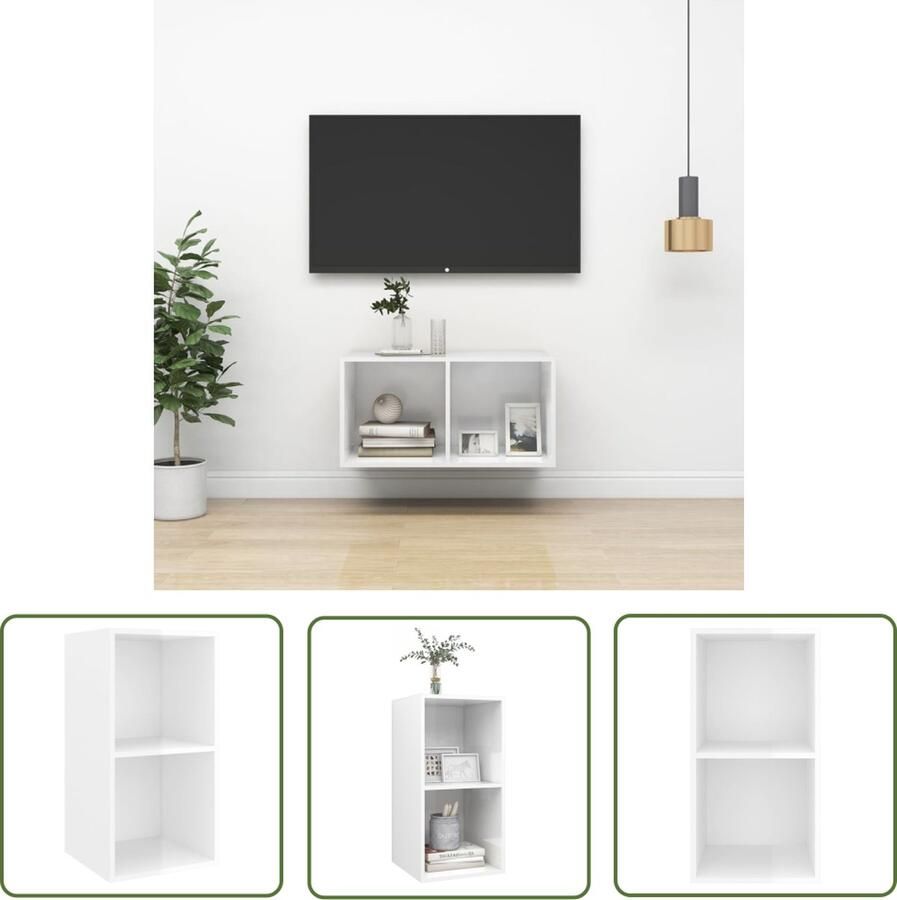 The Living Store Tv-wandmeubel 37x37x72 cm bewerkt hout hoogglans wit Tv-meubel Wandmontage Hifi Kast Tv Kasten Salon Meubilair - Foto 2